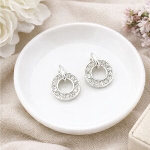 Silver Tone Rhinestone Circle Drop Earrings | Minimalist Crystal Hoop Earrings